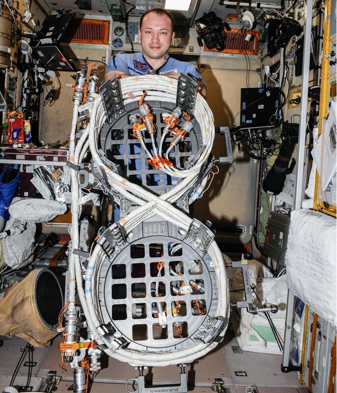 Aleksandr Misurkin présentant les câbles d'alimentation avant leur installation à l'extérieur de la Station (photo NASA)