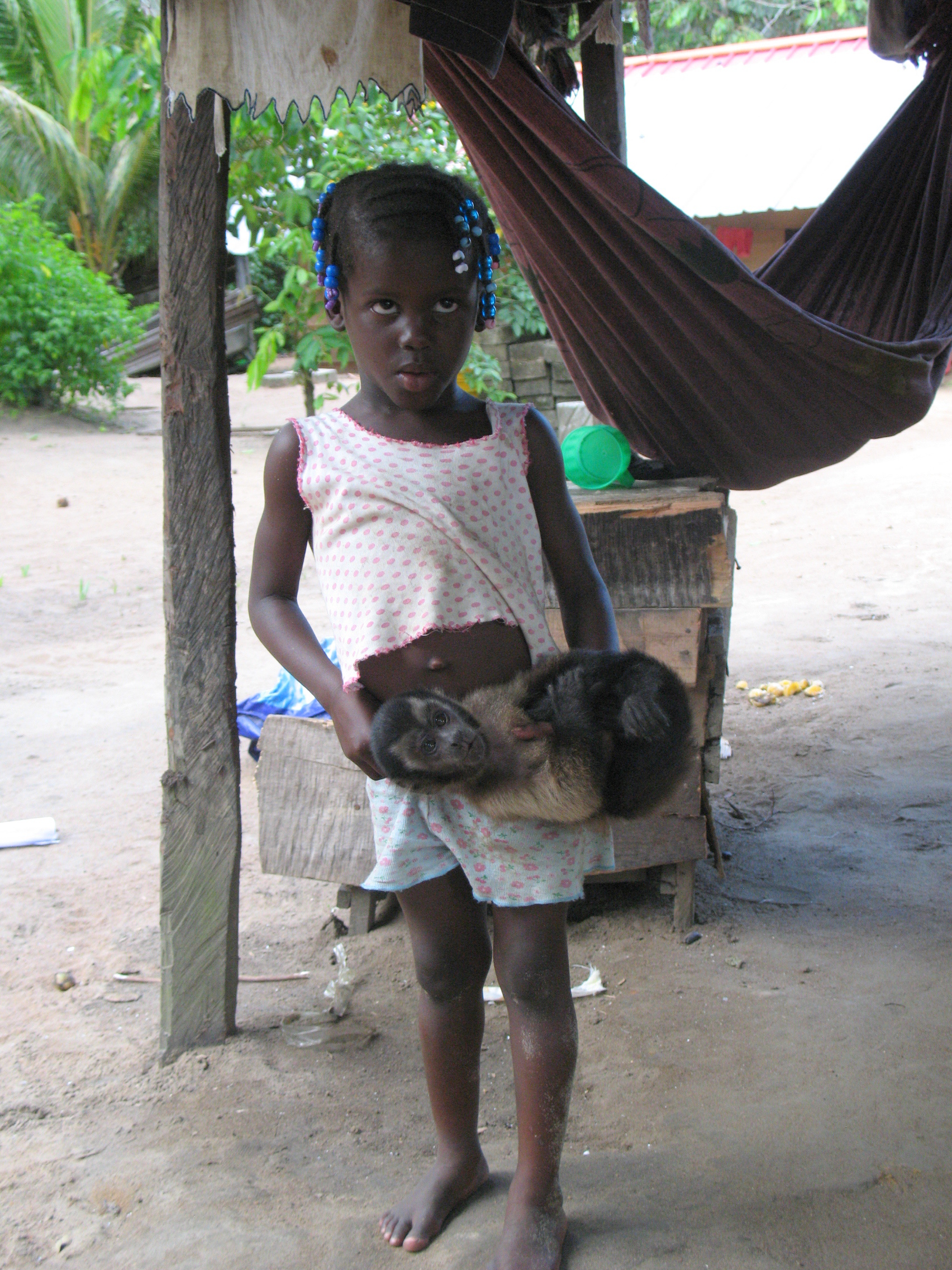une petite fille joue avec un singe