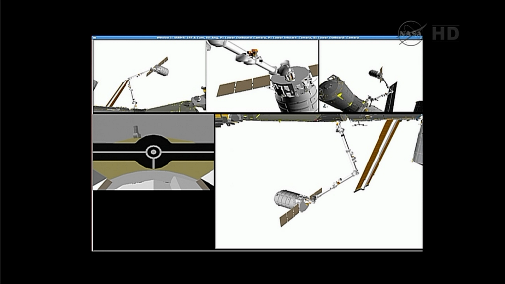 Représentation de la capture du Cygnus par Canadarm2 (source NASA TV)