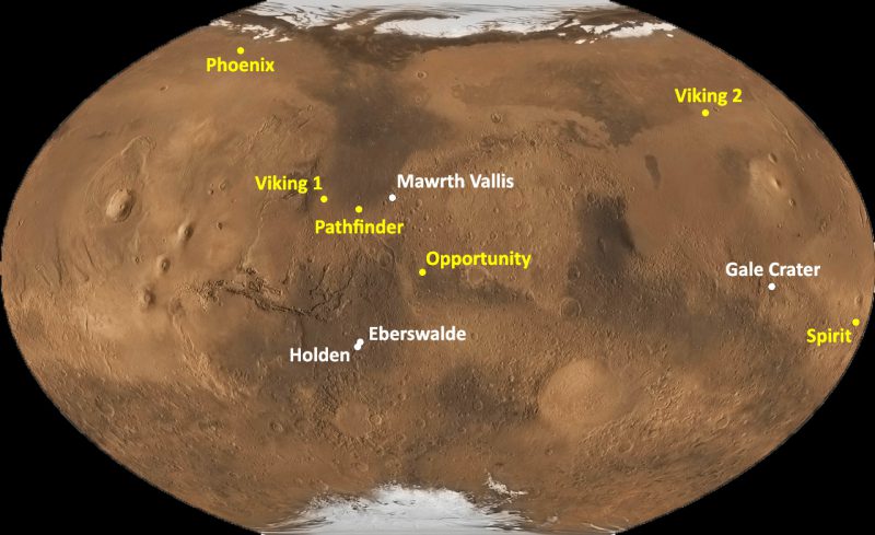 Site d’atterrissage des 7 engins spatiaux s'étant posé sur Mars [pour Curiority : Gale crater] (source www.science-et-vie.com/)