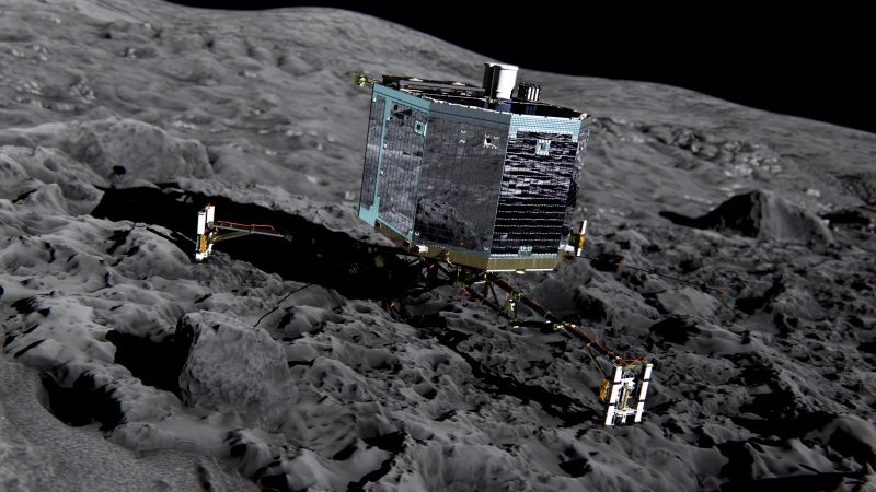 Vue d'artiste de Philae sur la surface de la comète (source ESA/ATG medialab)