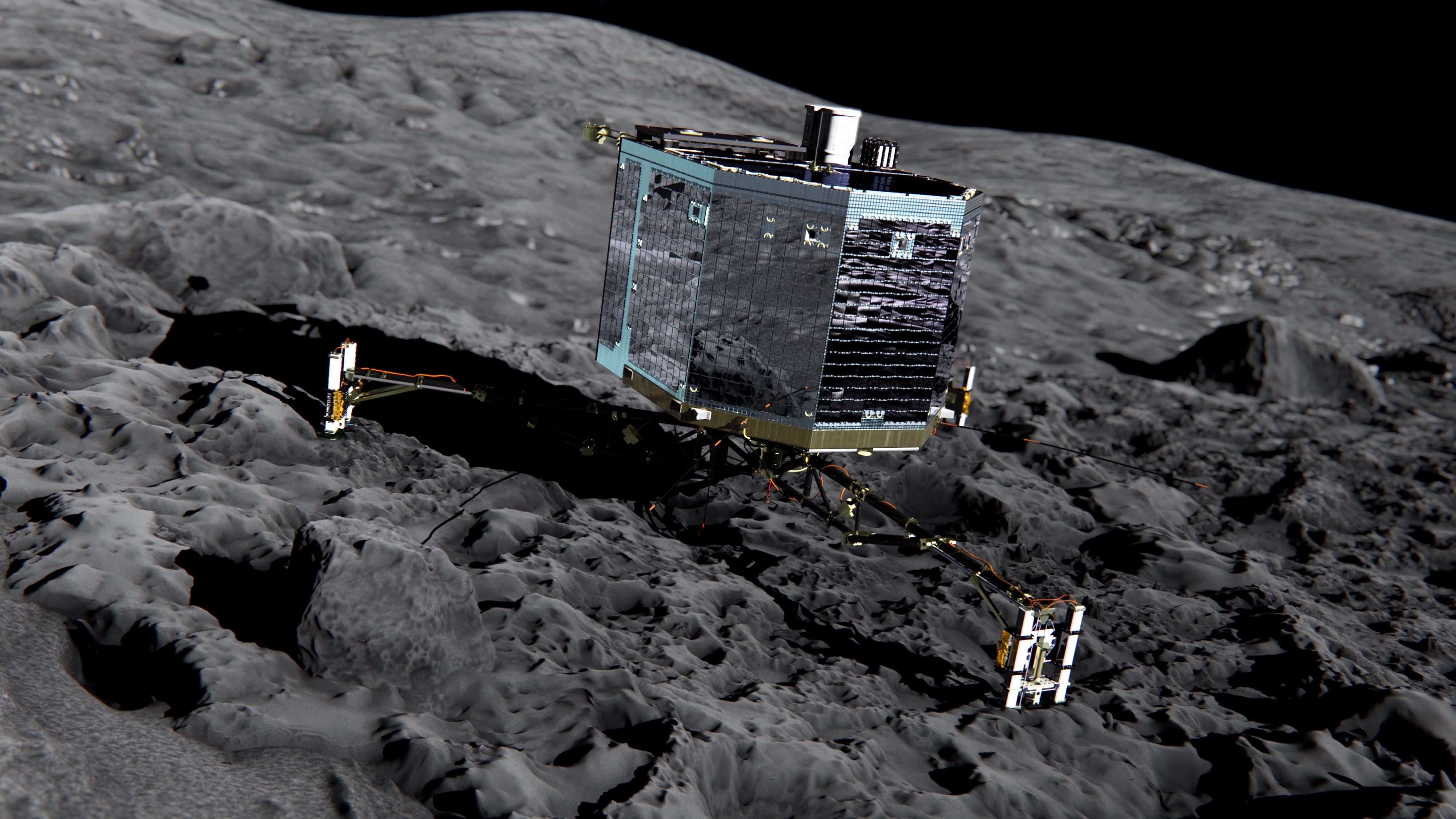 Vue d'artiste de Philae sur la surface de la comète (source ESA/ATG medialab)