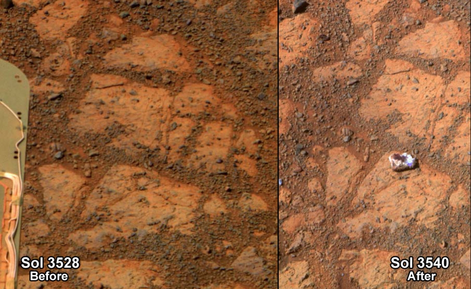 Comparaison d'images  prises par Opportunity dans un intervalle de 13 jours  (crédit: NASA/JPL-Caltech/Cornell Univ./Arizona State Univ.)