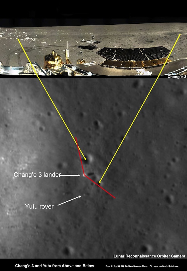 Image montrant l'atterrisseur Chang'e 3 sur la Lune et une image de Lunar Reconnaissance Orbiter de la NASA depuis l'orbite de la Lune. (Crédit: CNSA / NASA / Ken Kremer / Marco Di Lorenzo / Mark Robinson)