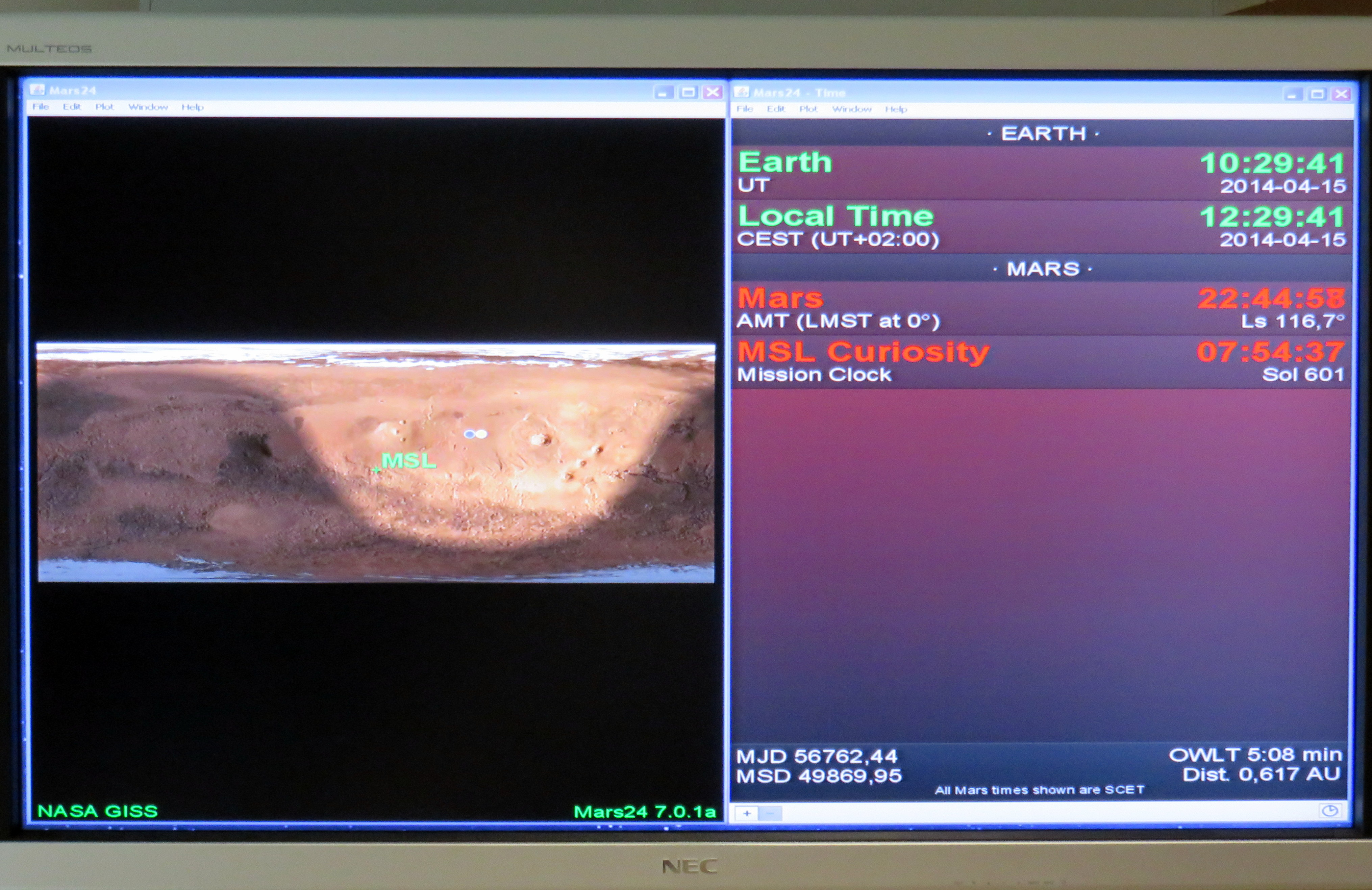 Ecran du FIMOC avec heure de Mars et éphéméride