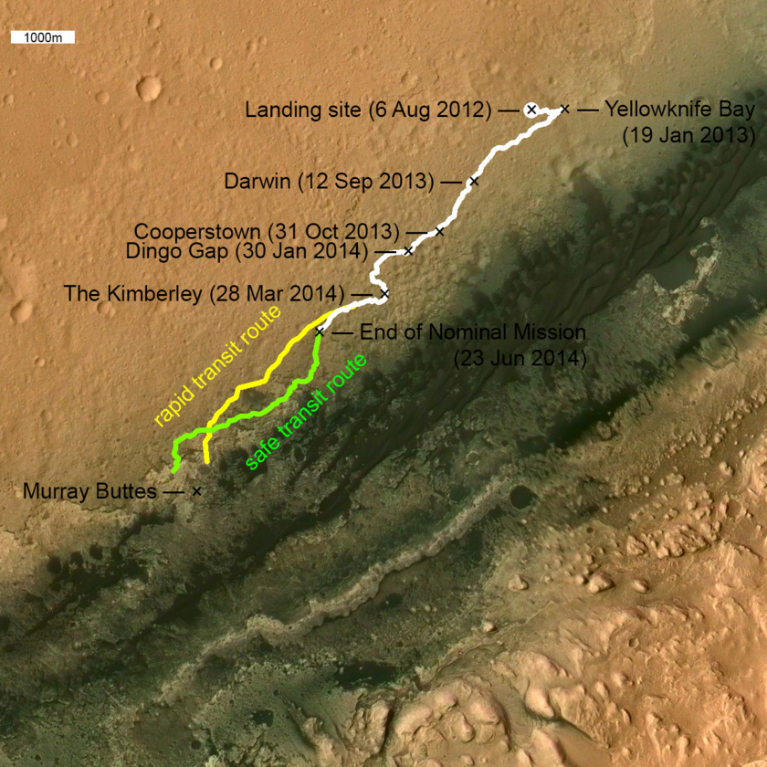 Un aperçu des principaux points de repère le long de la route de Curiosity à ce jour. Les deux futurs chemins (vert, jaune) proposés sont basés sur les cartes de mission Curiosity produites par Fred Calef. La "route de transit rapide" jaune était le plan de mission original, mais après que les roues aient commencé à être fortement endommagées, le plan de mission est sur un terrain sablonneux "voie sûre de transit" (en vert) Murray Buttes marque le point où Curiosity sera en mesure de naviguer à travers le champ de dunes de sable basaltique et commencer à aborder les couches de roches, riches en argile pour lesquelles le site d'atterrissage de Curiosity a été sélectionné. (source planetary.org)