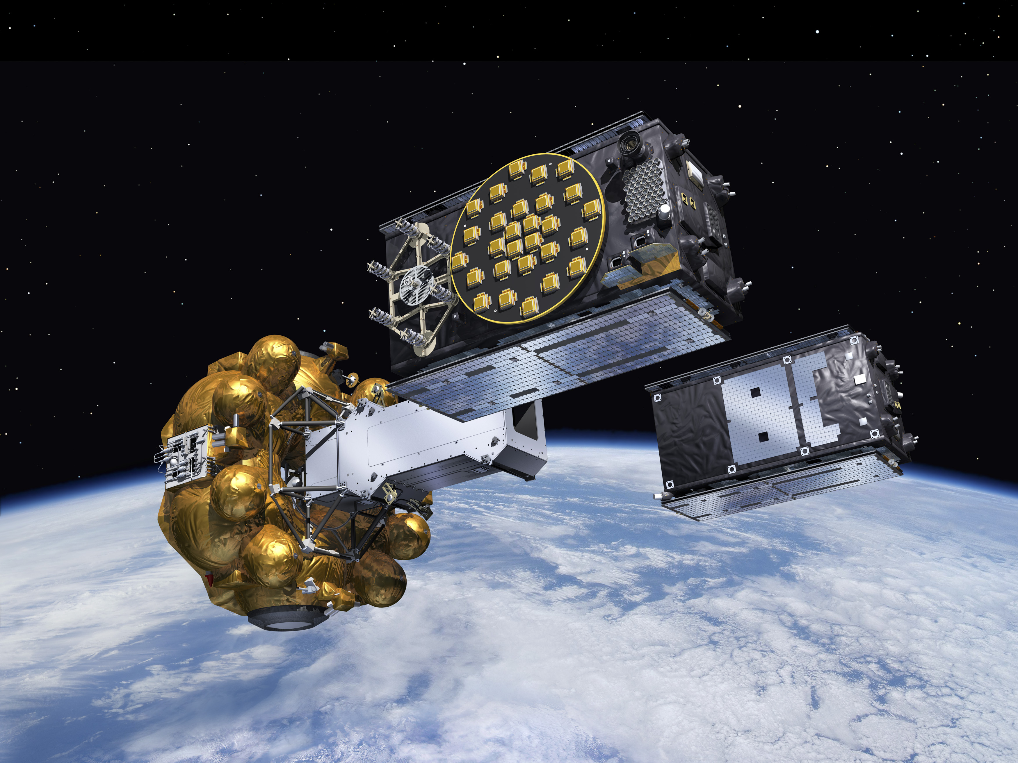 Vue d'artiste du "dispenser" libérant dans leurs orbites finales les deux premiers satellites de la capacité opérationnelle totale Galileo SAT 5-6.  ©ESA–J. Huart, 2014