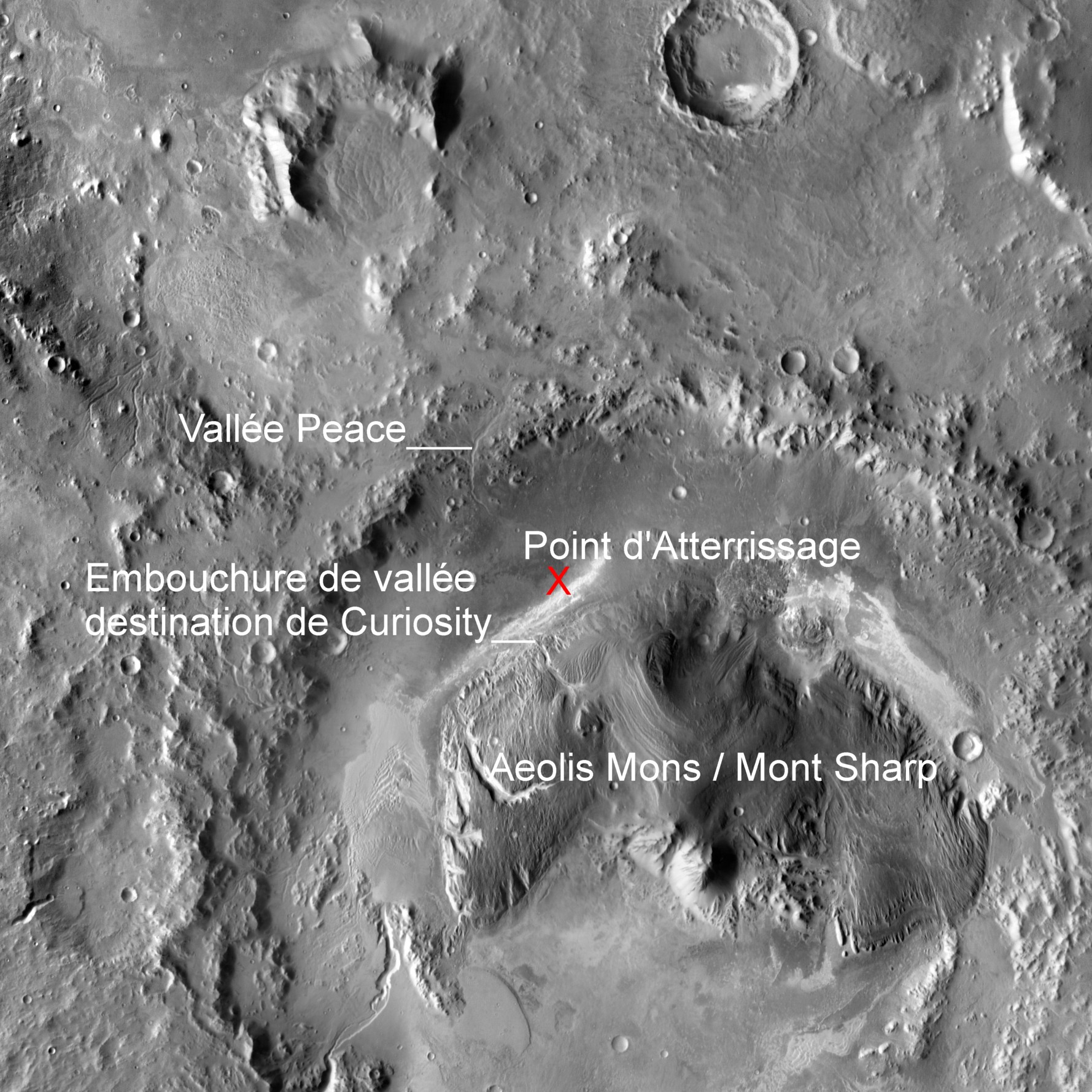 Vue de l'ensemble du Mont Sharp qui occupe le centre du cratère Gale (doc. NASA/JPL-Caltech)