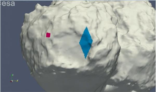  Le point rose correspond au 1er atterrissage de Philae, le losange bleu est où il se trouve probablement (source ESA TV)