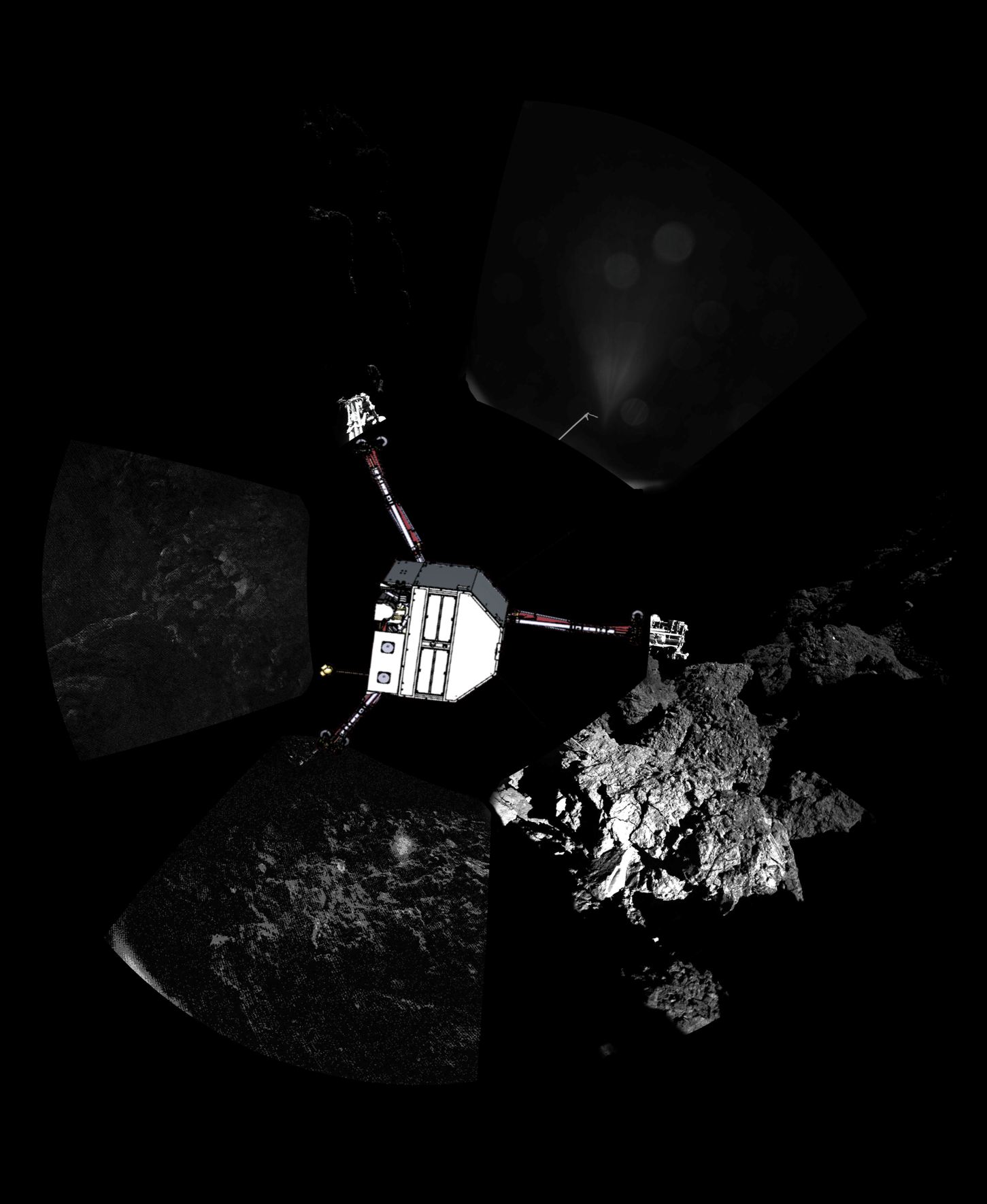 L'atterrisseur Philae a envoyé sa première image panoramique depuis la surface d'une comète. Le point de vue, non transformé, comme il a été capturé par le système d'imagerie CIVA-P, montre une vue à 360 ° autour du point d'atterrissage final. Les trois pieds de Philae peuvent être vus. Un croquis de Philae a été superposé à l'image dans la configuration dans laquelle l'équipe de l'atterrisseur croit qu'il se trouve actuellement (© ESA / Rosetta / Philae / CIVA)