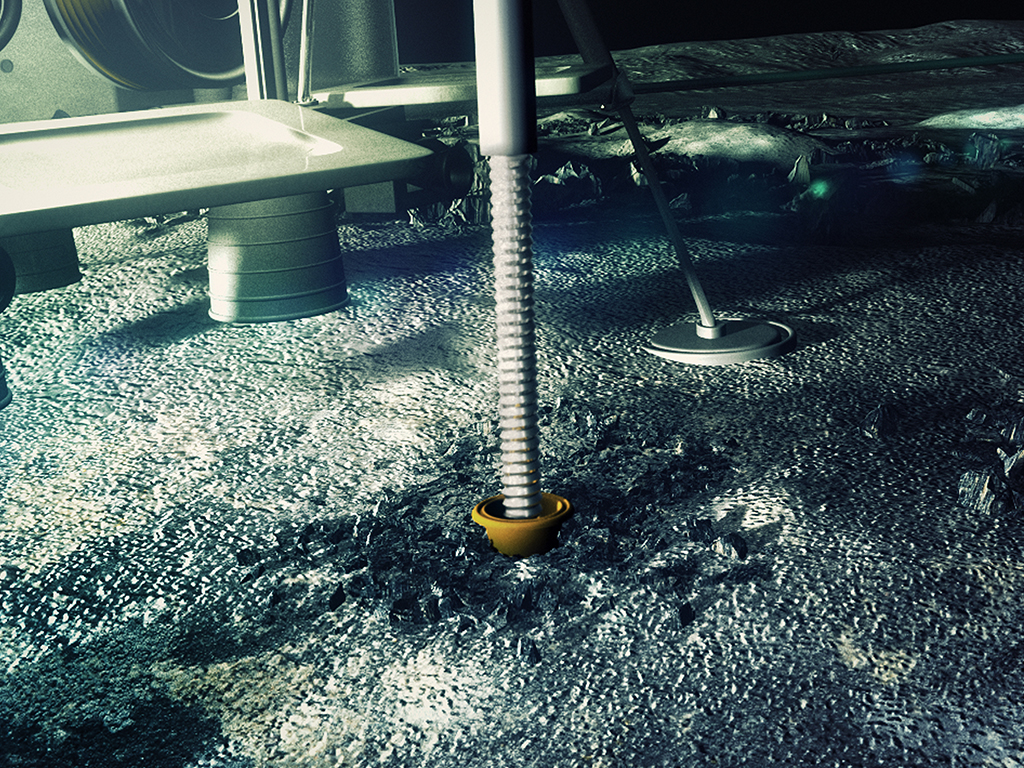 Vue d'artiste du forage de la surface de la Lune par l'atterrisseur. Crédits : Lunar Missions Ltd