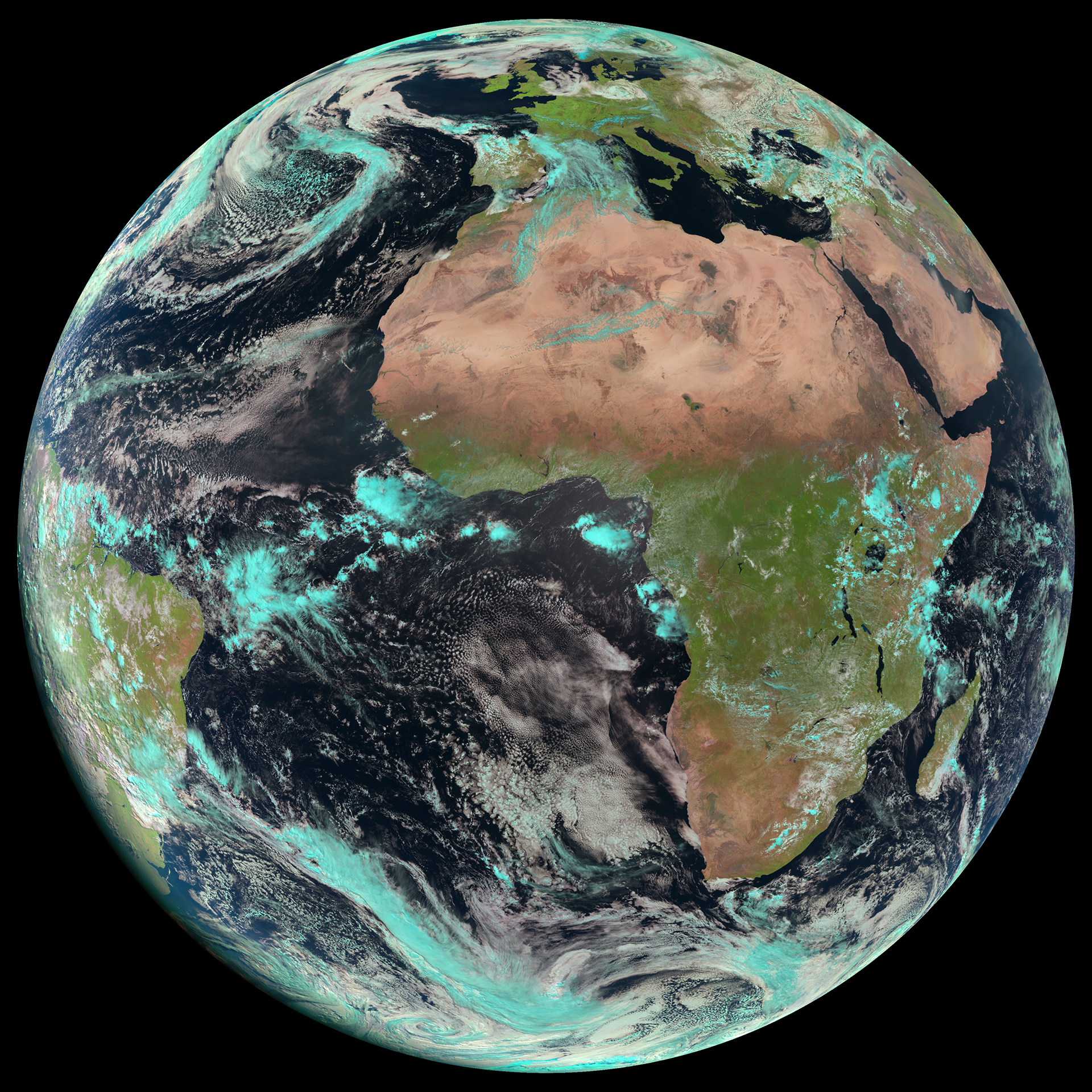 Cette image du disque complet de la Terre a été acquise par le Spinning Enhanced Visible and Infrared Imager (SEVIRI), ou imageur en visible et infrarouge spinné,  instrument sur MSG-3 (maintenant Meteosat-10 en fonctionnement), le 22 avril 2015. MSG-4 va produire des données similaires. (© Eumetsat)