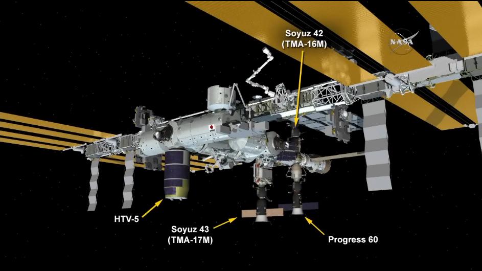 Configuration des vaisseaux à bord de l'ISS après l'arrivée du HTV-5 le 24/08/15 (source NASA TV)