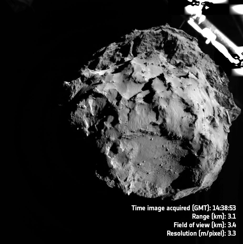 Les images prises par la caméra ROLIS de Philae nous permettent de suivre la descente de l'atterrisseur surle premier site d'atterrissage, Agilkia, sur la comète 67P/Churyumov-Gerasimenko, le 12 Novembre 2014. La première image a été prise à un peu plus de 3 km de la comète, et indique la position d'Agilkia et la zone couverte par l'image suivante dans la séquence, a été prise à seulement 67 m. Les six images qui suivent ont été prises à environ 10 secondes d'intervalle avant l'atterrissage, et l'image finale de la séquence a été acquise à 9 m au-dessus du site d'atterrissage (l'heure où les images ont été acquises, ainsi que la distance et la résolution sont marquées sur chaque image). La dernière diapositive est annotée avec la position estimée du touché et de l'orientation de Philae, qui a été calculée à ± 20 cm. (Credit ESA/Rosetta/Philae/ROLIS/DLR)