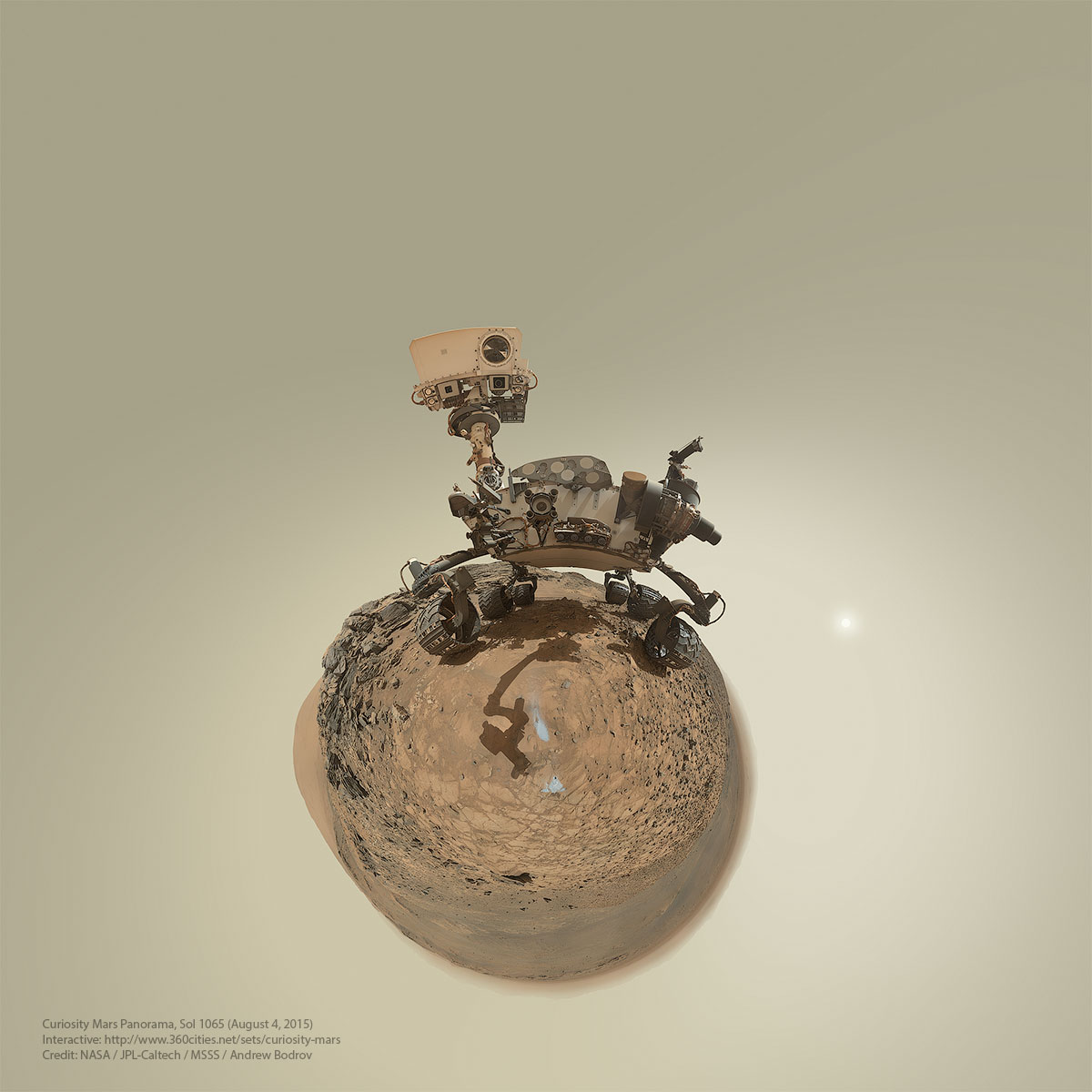 Selfie de MSL Curiosity retravaillé par Andrew Bodrov au Sol 1065 ou 4 août 2015 à partir de 92 images prises par la caméra Mahli du rover ( Image credit: NASA/JPL-Caltech/MSSS/Andrew Bodrov)