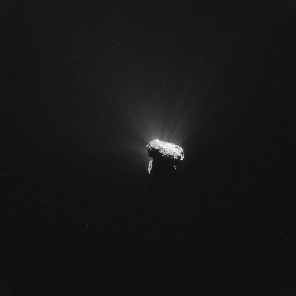 Cette image de 67P prise par la caméra de navigation de Rosetta le 13 Août 2015, à seulement une heure avant que la comète 67P / Churyumov-Gerasimenko n'atteigne la périhélie, le point le plus proche du Soleil sur son orbite de 6,5 ans. L'image a été prise à une distance de 327 km de la comète. La résolution est de 28 m / pixel, mesure 28,6 km de long et a été traité pour faire ressortir les détails de l'activité de la comète. (© ESA / Rosetta / NAVCAM - CC BY-SA 3.0 IGO)