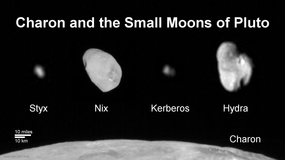 Les lunes de Pluton : Styx, Nix, Kerberos, et Hydra, au-dessus de la grande lune Charon, par la sonde New Horizons (Image Credit: NASA, Johns Hopkins U. APL, SwRI)