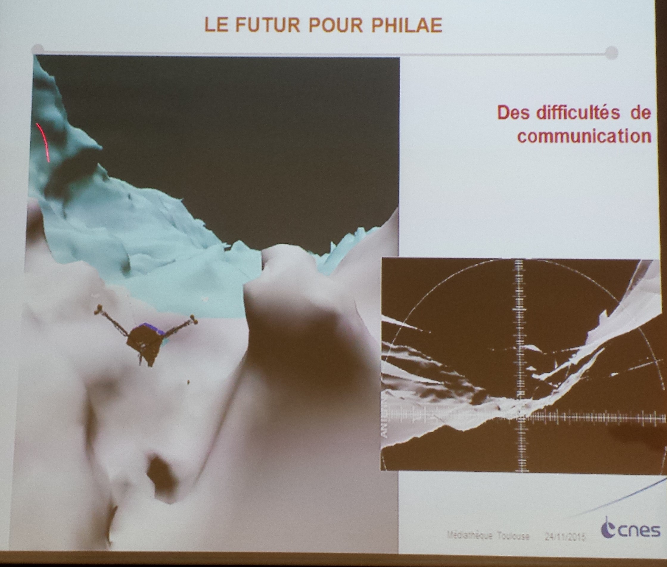 Visulation de l'emplacement de Philae sur 67P et à droite, le champ de vue de son antenne (source P. Gaudon - CNES)