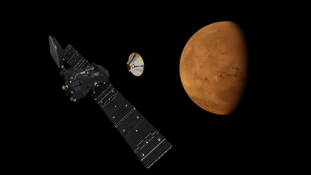 Concept d'artiste de l'atterrisseur Schiaparelli se séparant de Trace Gas Orbiter trois jours avant l'arrivée sur Mars en octobre 2016 (Crédit: ESA / ATG medialab)