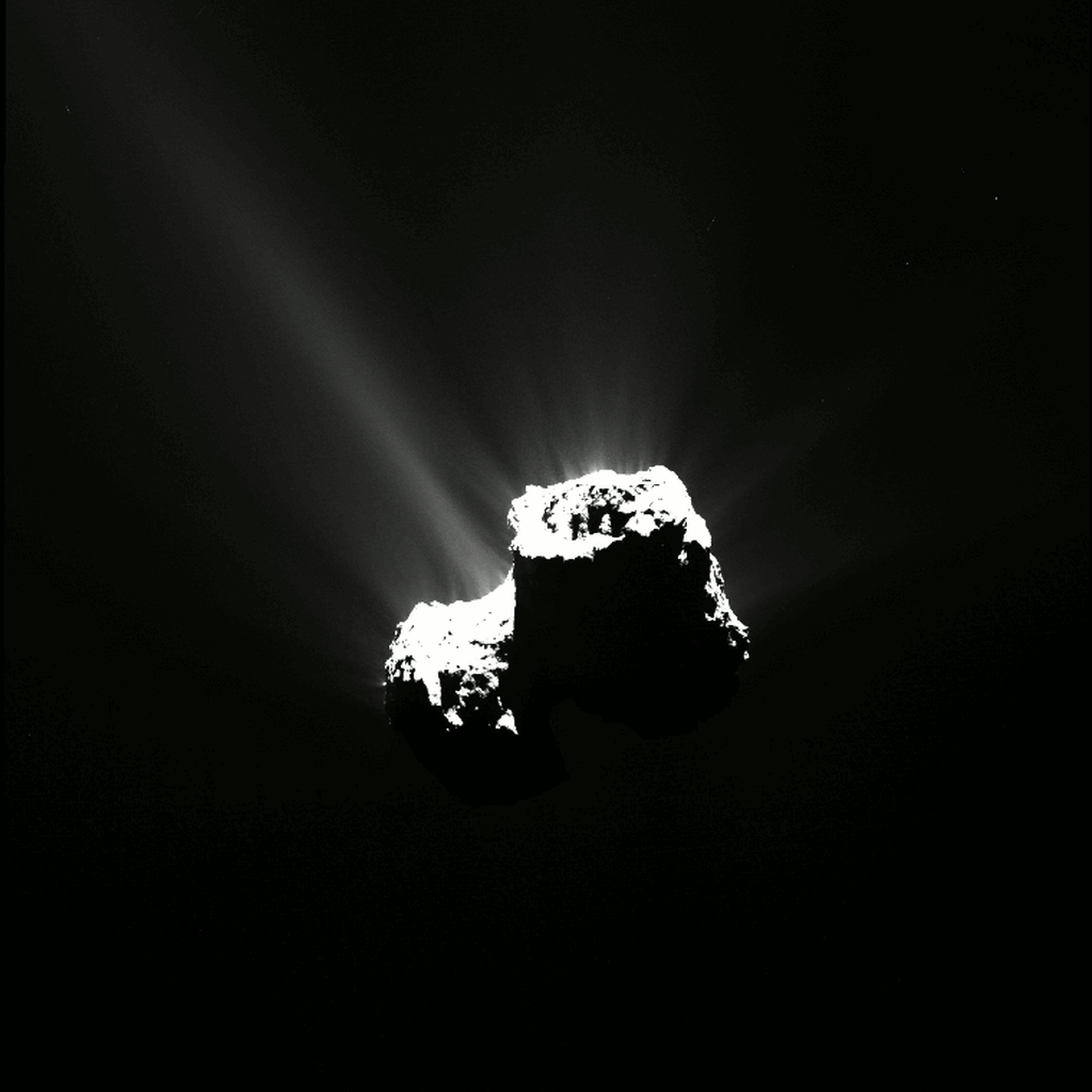 Cette série d'images de la comète 67P / Churyumov-Gerasimenko a été capturé par Rosetta, le 12 Août 2015, quelques heures avant que la comète atteigne le point le plus proche du Soleil le long de son orbite de 6,5 ans, ou périhélie. Les images ont été prises à environ 330 km de la comète. L'activité de la comète, à son intensité maximale autour du périhélie et dans les semaines qui suivent, est clairement visible dans ces images spectaculaires. (credits ESA/Rosetta/MPS for OSIRIS Team MPS/UPD/LAM/IAA/SSO/INTA/UPM/DASP/IDA)