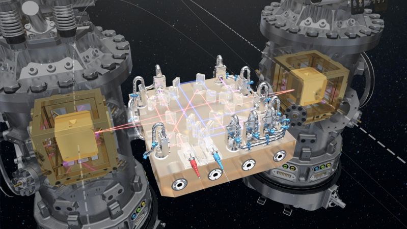 Au cœur de LISA Pathfinder, les deux masses d'épreuve: 2 cubes identiques flottant librement, à plusieurs millimètres des murs de leurs logements. Les cubes sont séparés par 38 cm et reliés seulement par des faisceaux laser pour mesurer leur position en permanence. (credit ESA/ATG medialab )