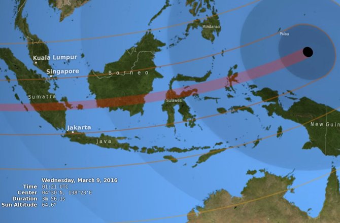 Zone de visibilité de l'éclipse totale du soleil du 8 mars 2016 (source NASA'S Goddard Space Fligth Center/E. Wright)