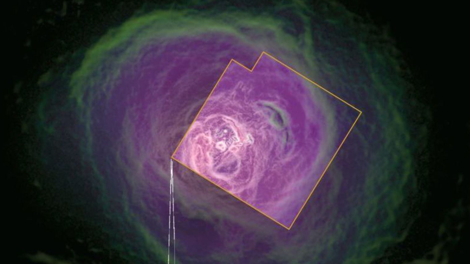 L'amas de Persée par le satellite Hitomi, composé de 190 galaxies, d'un trou noir supermassif et d'une "atmosphère" de gaz chaud visibles aux rayons-X. (credits HITOMI COLLABORATION/JAXA, NASA, ESA, SRON, CSA)