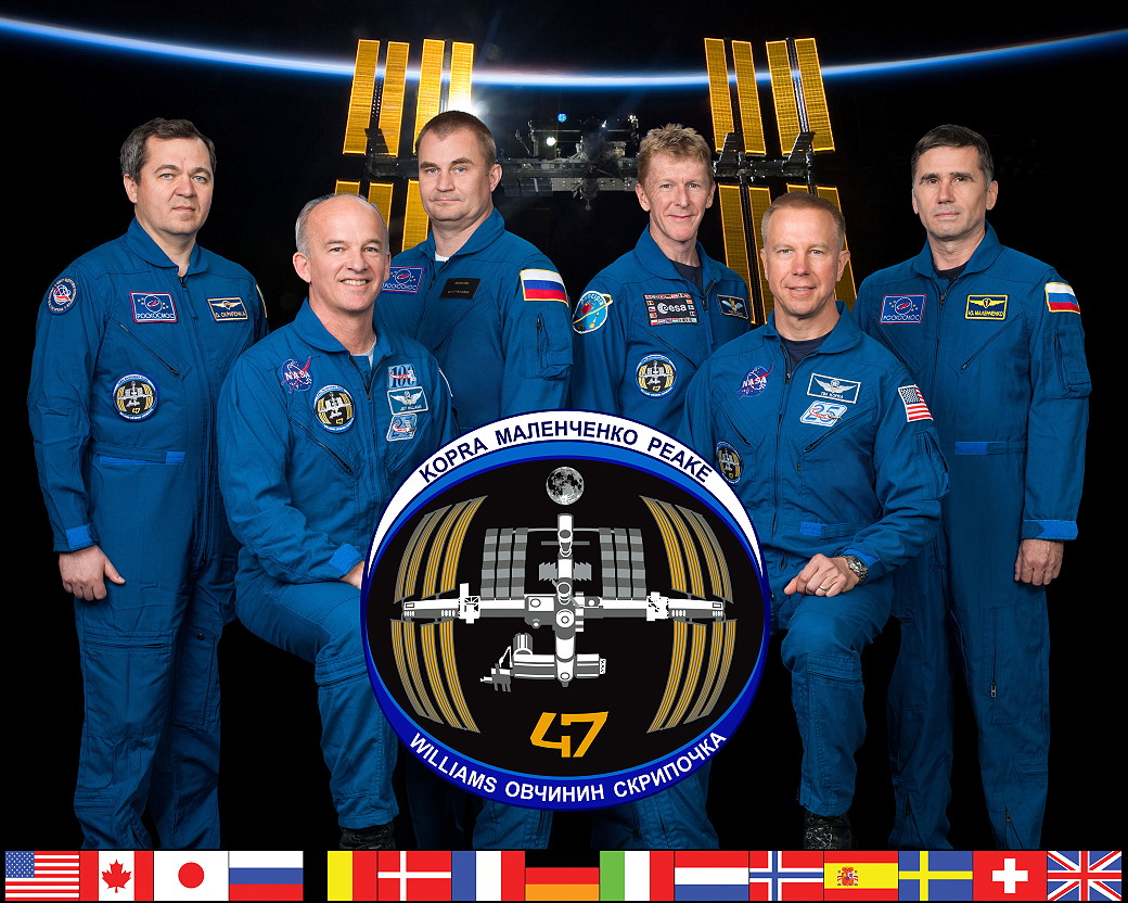 Expedition 47 (de G à D) : Oleg Skripochka, Jeff Williams, Alexey Ovchinin, Tim Peake, Tim Kopra et Yuri Malenchenko (credit NASA)