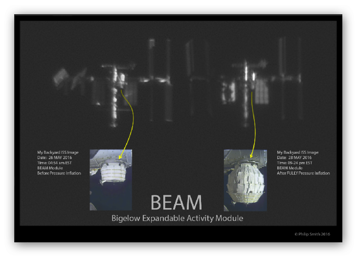 Photos de l'astronome amateur Philip Smith montrant le module BEAM sur l'ISS avant et après gonflage