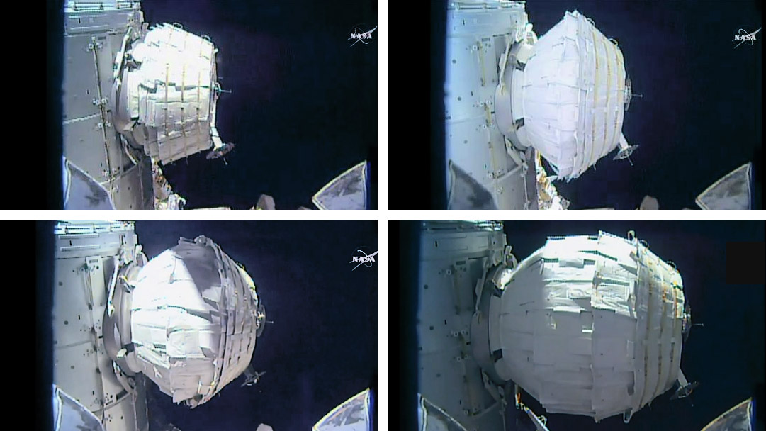 Différentes étapes du déploiement du module BEAM sur l'ISS (credit NASA TV)