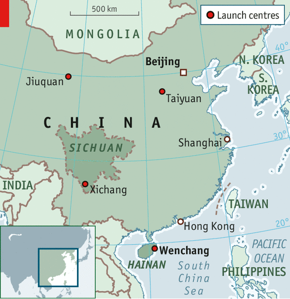 Emplacement des quatre sites de lancement chinois : Wenchang, Jiuquan, Taiyuan et Xichang (source The Economist)