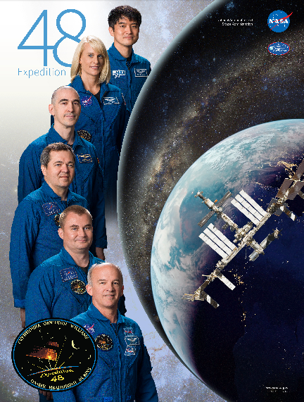 Expedition 48 : (de haut en bas) Takuya Onishi, Kate Rubins, Anatoly Ivanishin, Alexey Ovchinin, Oleg Skripochka et Jeff Williams (credit NASA)
