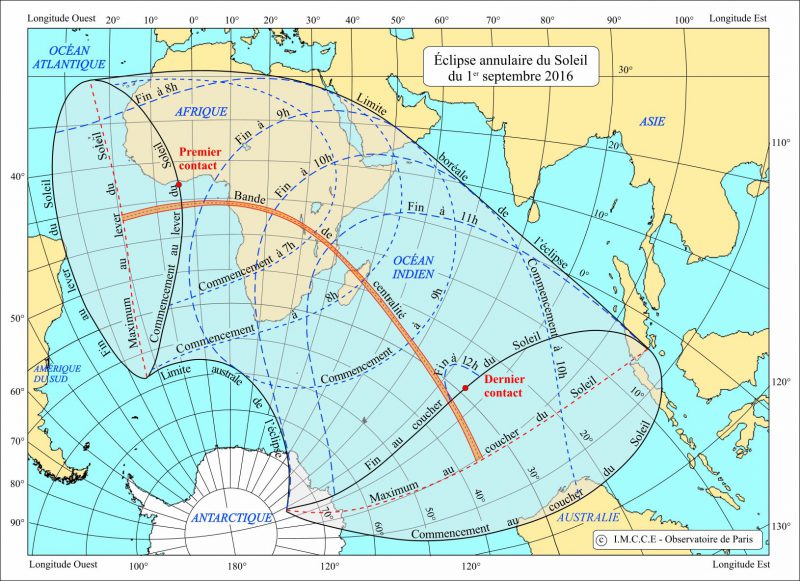 Parcours de l'ombre de la Lune lors de l'éclipse annulaire du 1er septembre 2016 (source : Observatoire de Paris)