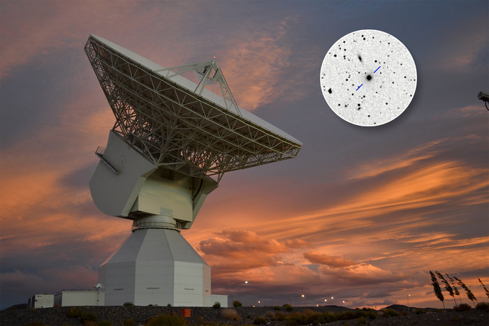 La station de tracking dans l'espace profond de l'ESA en Argentine et dans l'encadré, le Quasar P1514-24 (Credits : Estrack image: ESA/D. Pazos – Quasar P1514-24 inset image: Rami Rekola, Univerity of Turku, 2001)