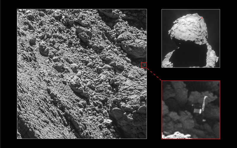 Images traitées de la caméra OSIRIS de la sonde ROSETTA prise le 2 Septembre 2016 à une distance de 2,7 km où Philae a été définitivement identifié. (© ESA/Rosetta/MPS for OSIRIS Team MPS/UPD/LAM/IAA/SSO/INTA/UPM/DASP/IDA)