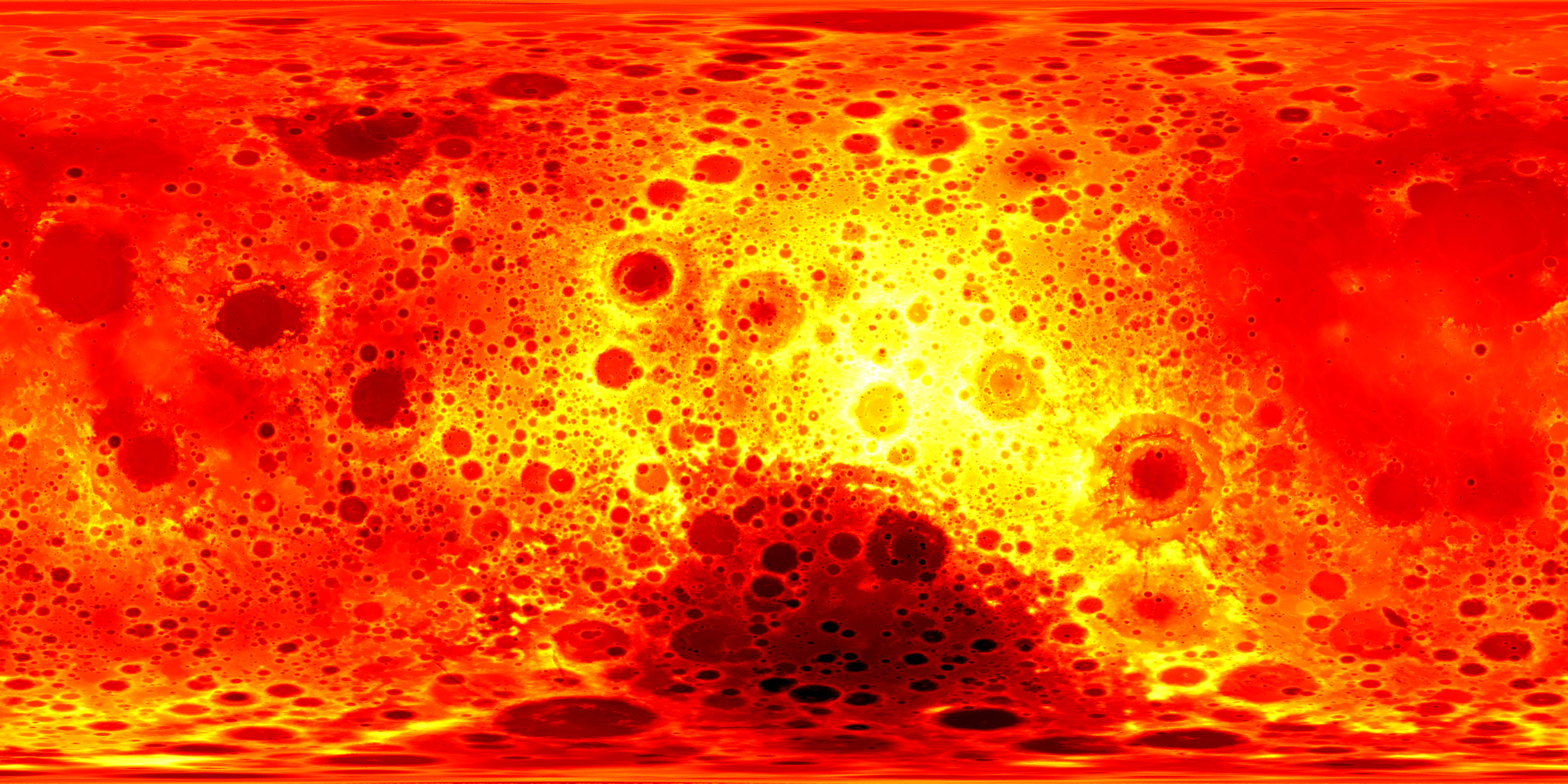 Carte topographique de la Lune par l'altimètre de Kaguya. Le noir indique les basses altitudes, le rouge les moyennes altitudes, et du jaune au blanc les plus hautes altitudes. La carte est centrée sur la face cachée de la Lune (credits JAXA)