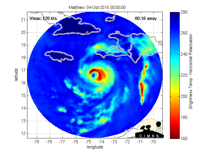 Images en micro-ondes de l'ouragan Matthew lors de son passage au-dessus de Haiti (credit CIMSS)