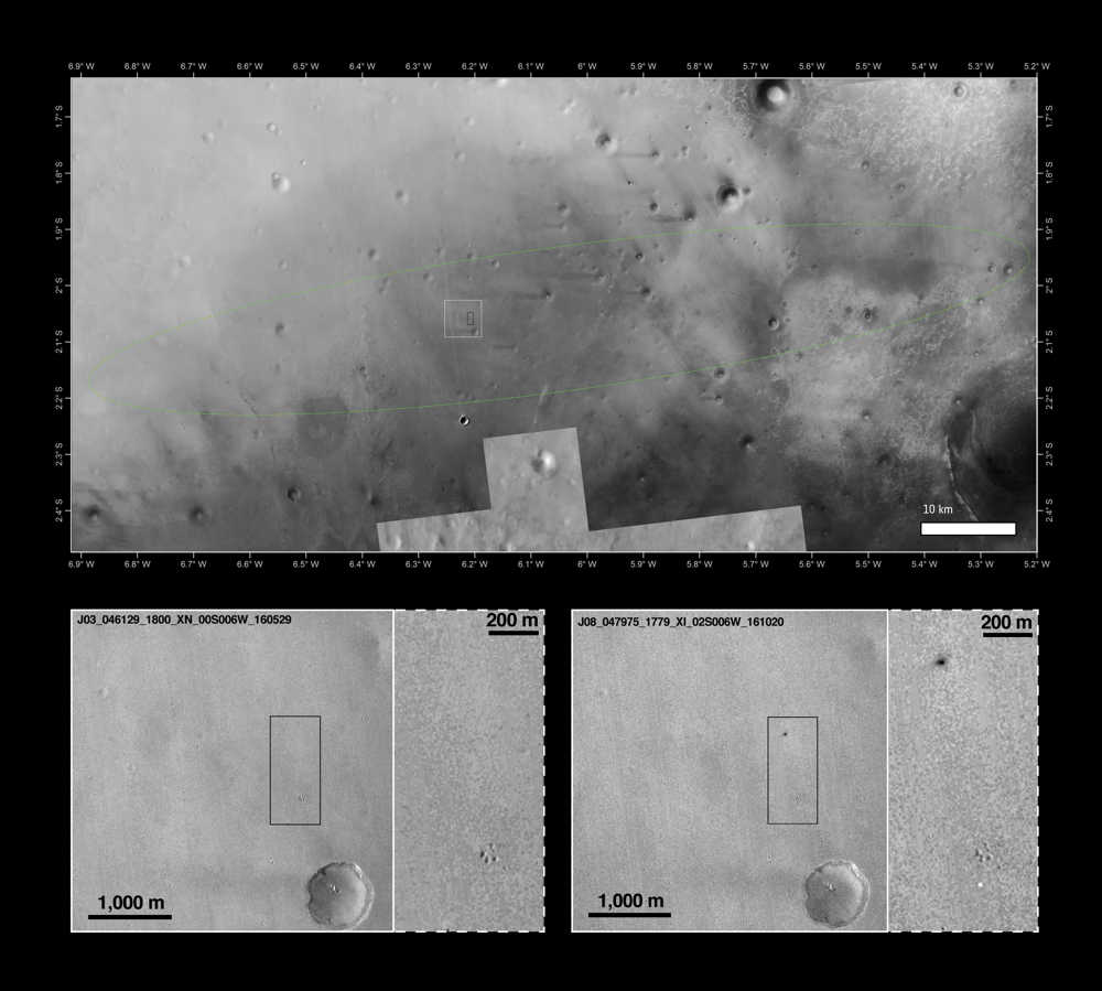 En haut, mosaïque d'images de la caméra Context (CTX) de Mars Reconnaissance Orbiter et d'images de 2001 de Mars Odyssey Orbiter. En bas, images de MRO prises le 29 mai 2016 (à gauche) et 20 octobre 2016 (à droite) (Credits NASA/JPL-Caltech/MSSS, Arizona State University + NASA/JPL-Caltech/MSSS)